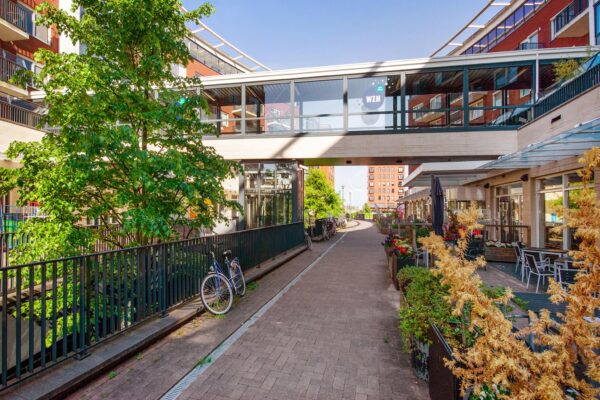 Moderne woonomgeving in het Harriet Freezerhof met een wandelpad, beplanting en een glazen loopbrug.